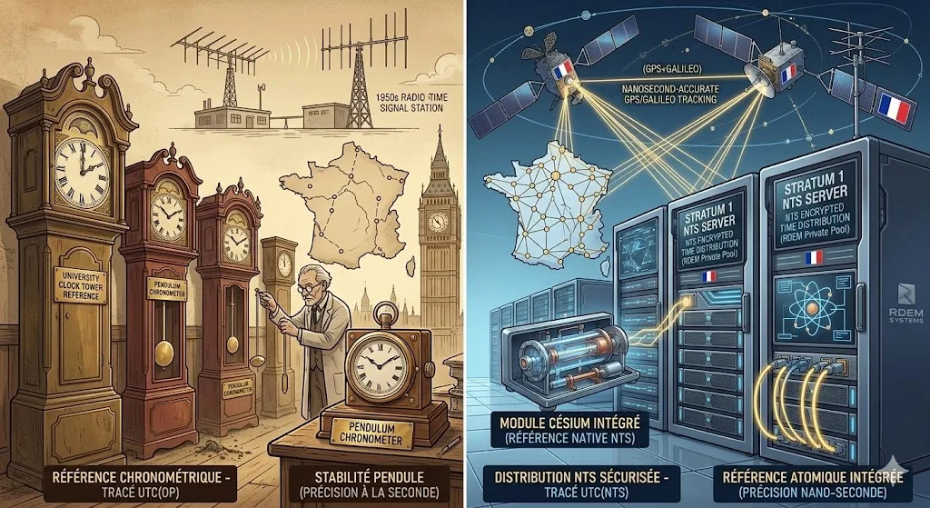 De la r&eacute;f&eacute;rence chronom&eacute;trique par pendule &agrave; la distribution NTS s&eacute;curis&eacute;e par satellite GNSS
