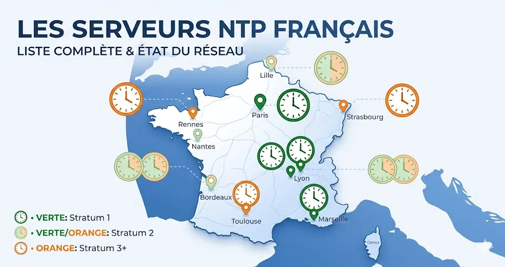 Carte des serveurs NTP en France : Stratum 1, Stratum 2 et Stratum 3+ par ville