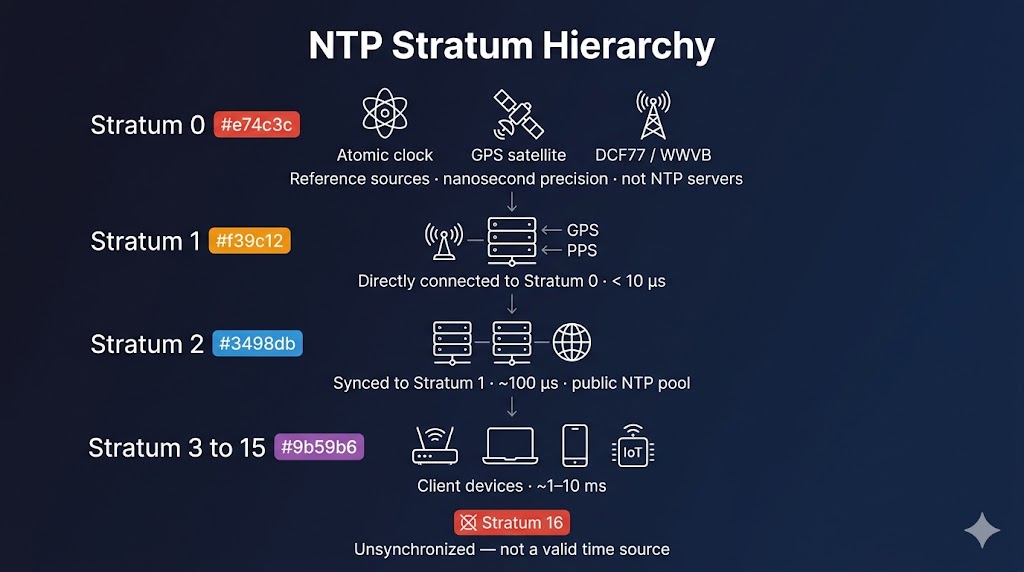 Schéma de la hiérarchie NTP : Stratum 0 (horloge atomique, GPS, DCF77), Stratum 1 (connexion directe), Stratum 2 (pool public), Stratum 3 à 15 (clients), Stratum 16 (non synchronisé)