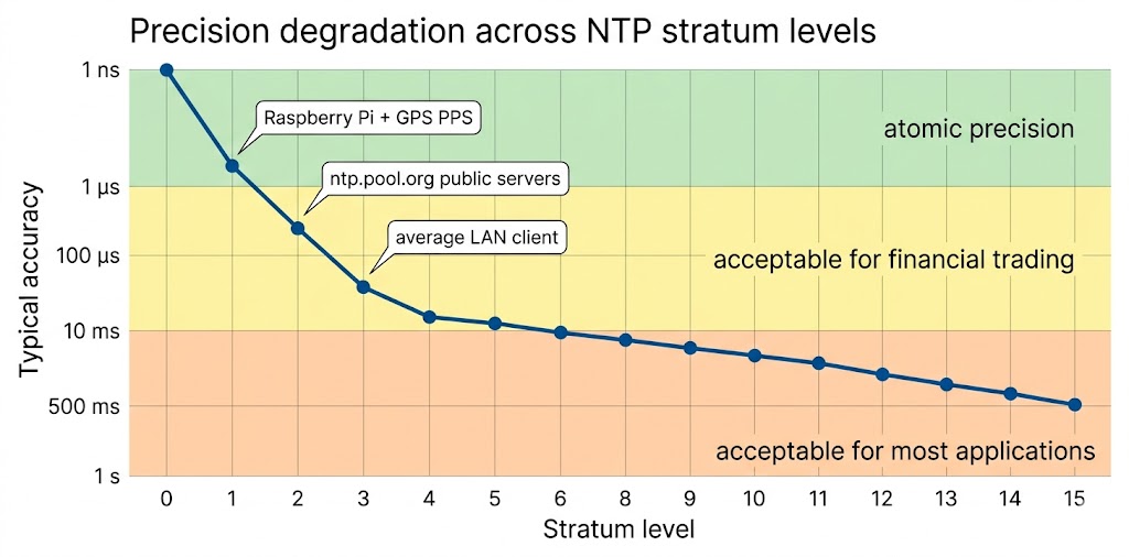 Graphique de la dégradation de la précision NTP du Stratum 0 au Stratum 15 : de 1 nanoseconde à plus de 500 millisecondes, avec les zones précision atomique, trading financier et applications courantes